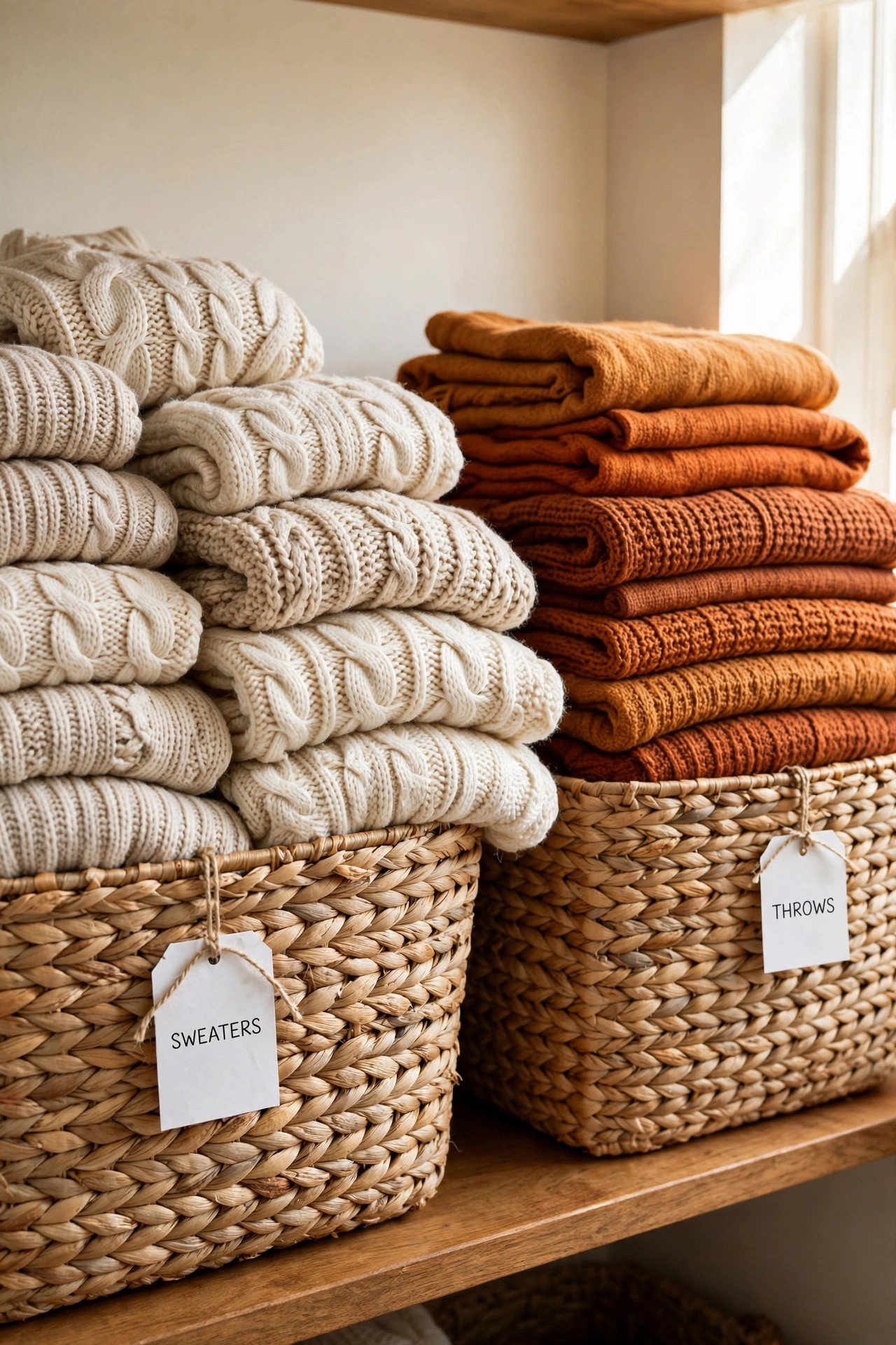 Woven seagrass baskets full of folded blankets and sweaters on a closet shelf