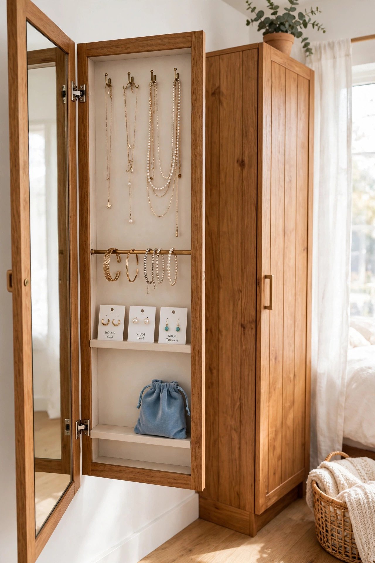 Full-length mirror with a hidden jewelry storage cabinet in a home closet area