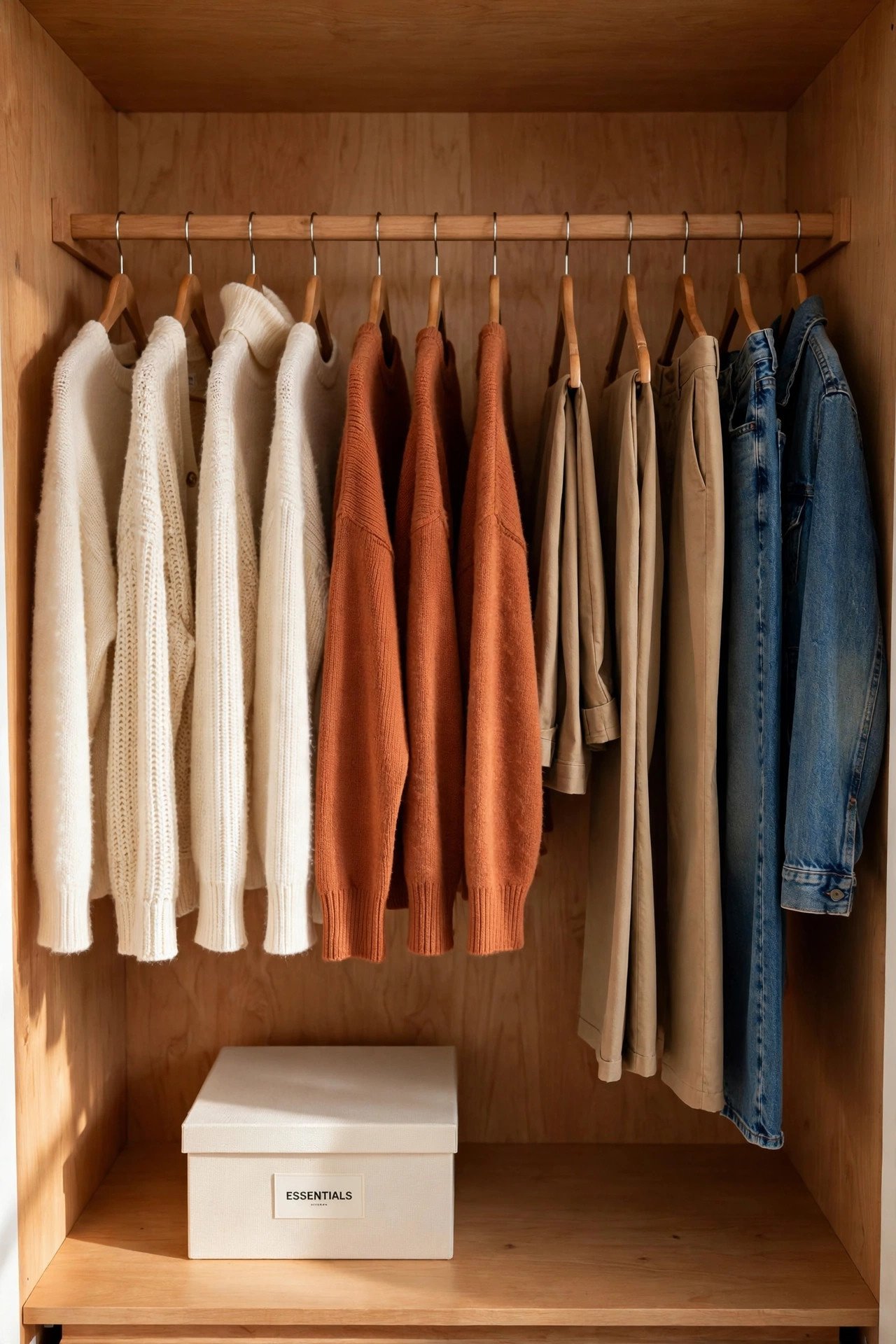 Small capsule wardrobe rail with coordinated pieces after a thoughtful wardrobe reset