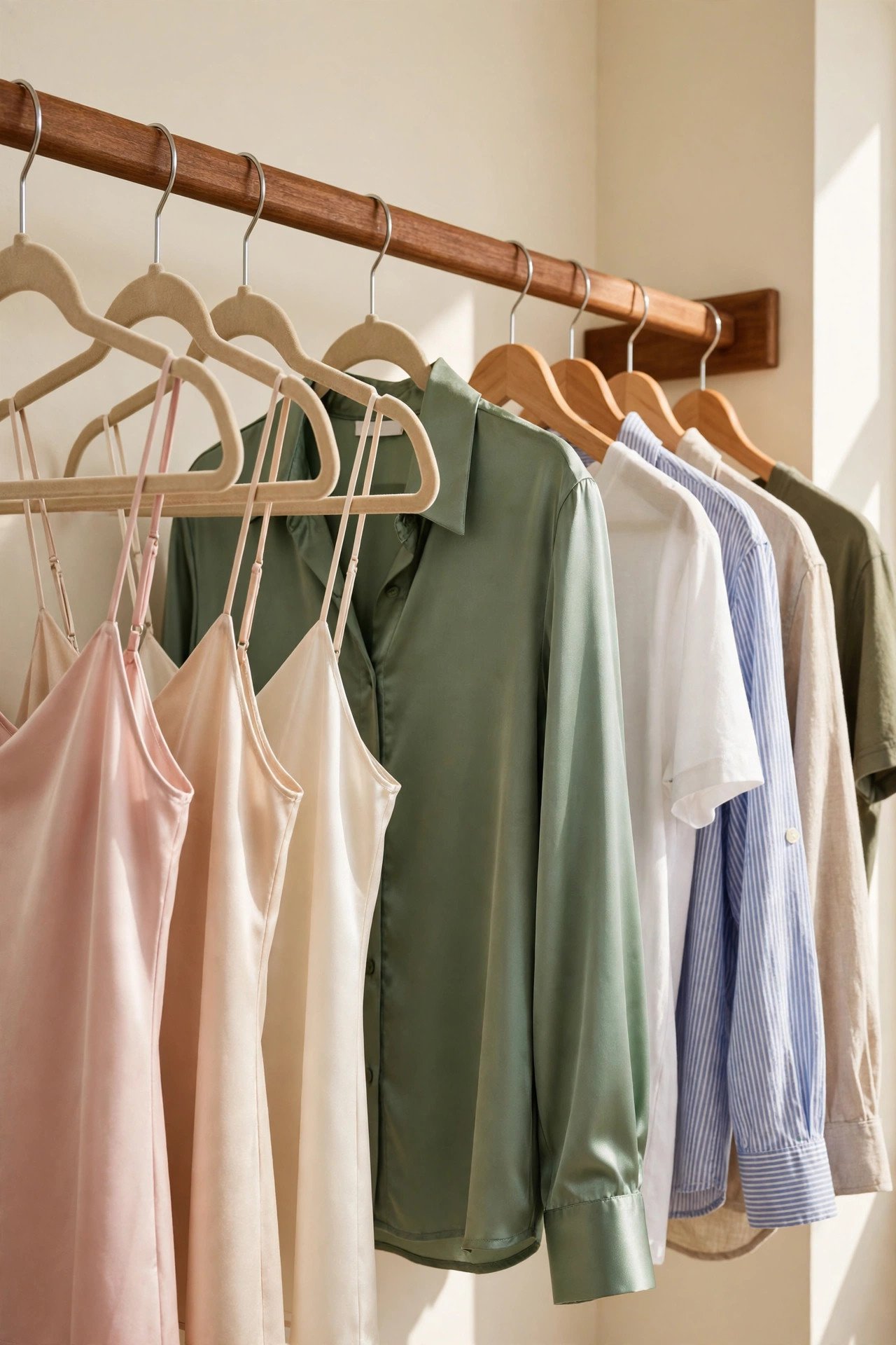Silk blouses held securely on beige velvet hangers in an organized closet