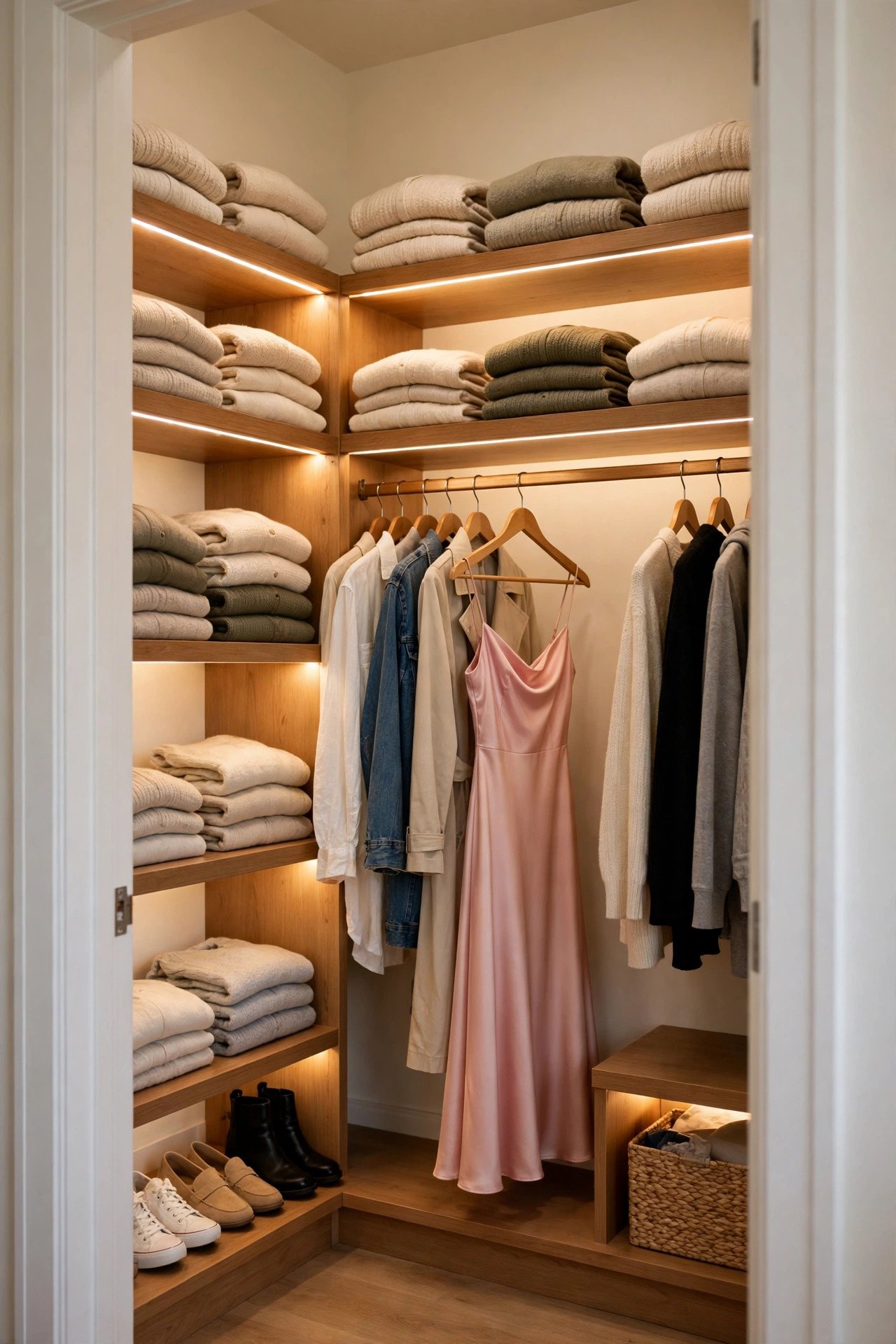 Warm LED strip lighting glowing inside a tidy home closet after a wardrobe reset