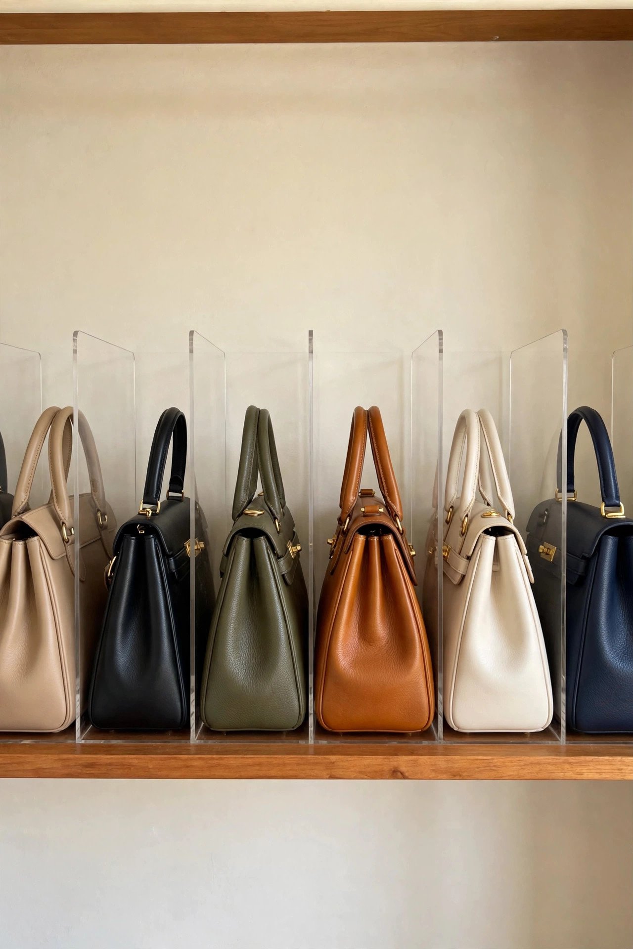 Handbags lined upright in acrylic shelf dividers on a closet shelf for smart closet organization