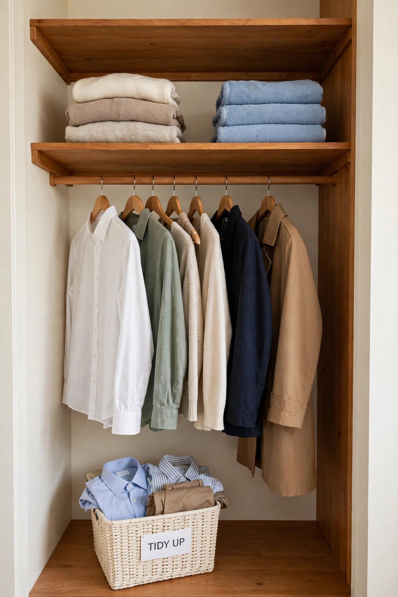 Freshly tidied closet with a TIDY UP reset basket after a complete wardrobe reset