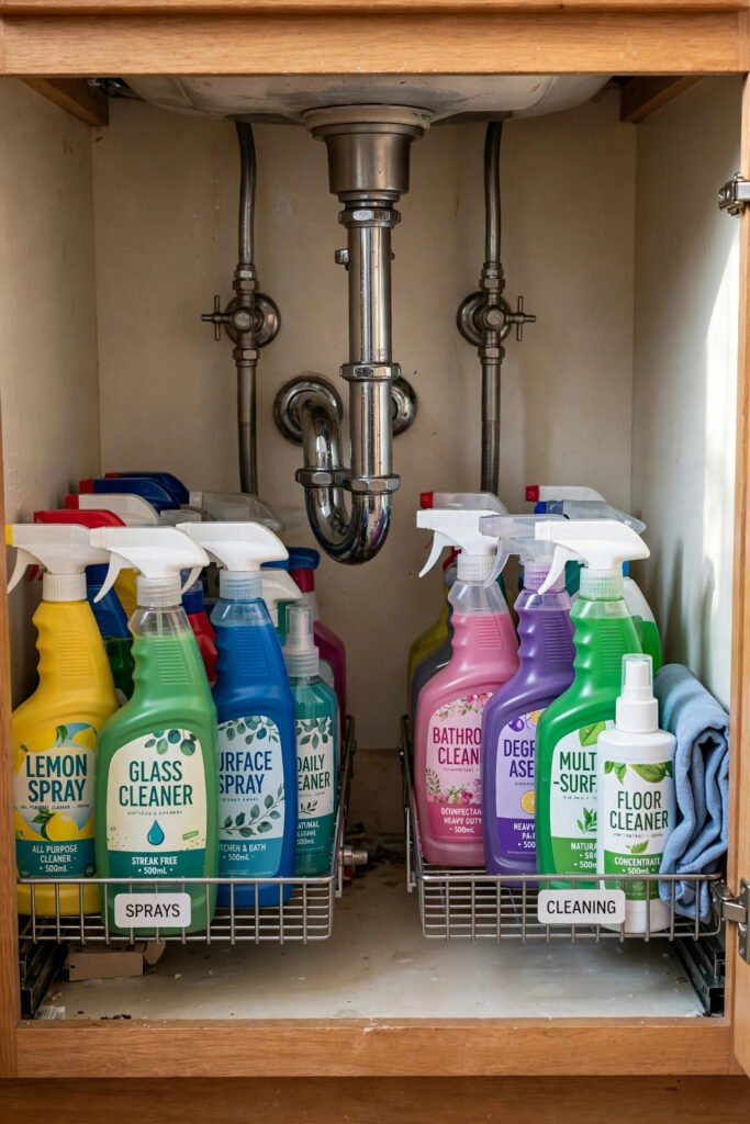 Wire baskets organizing bottles around sink pipes
